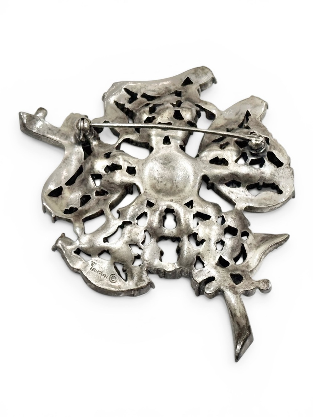 Rare Crown Trifari Couture Flower Brooch, Clear Rhinestones & Smoke Crystal Pavé - Picture 7 of 13